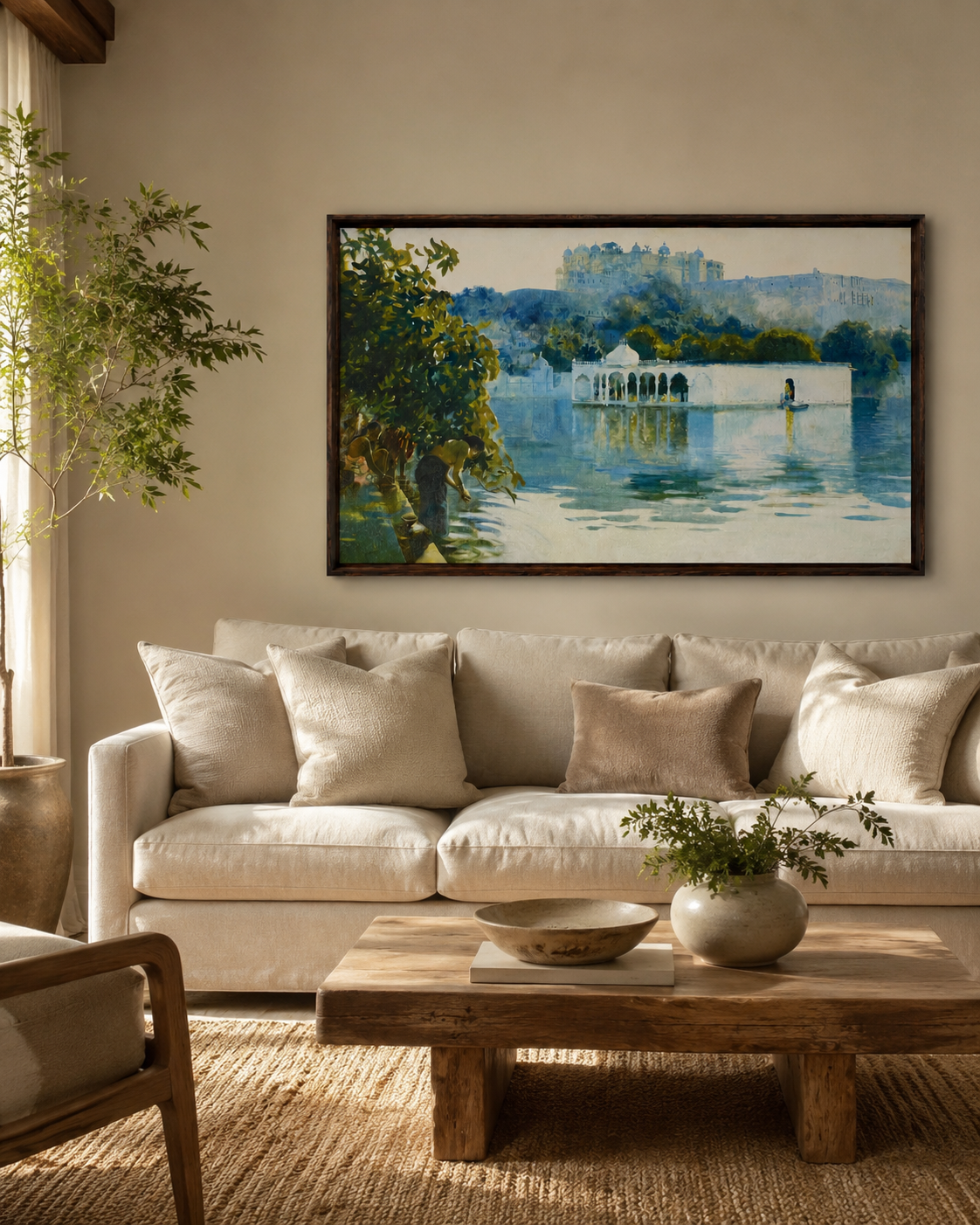 Oriental Art Print on Canvas-Teak Wood Thin-Profile Frame-48 x 28 In