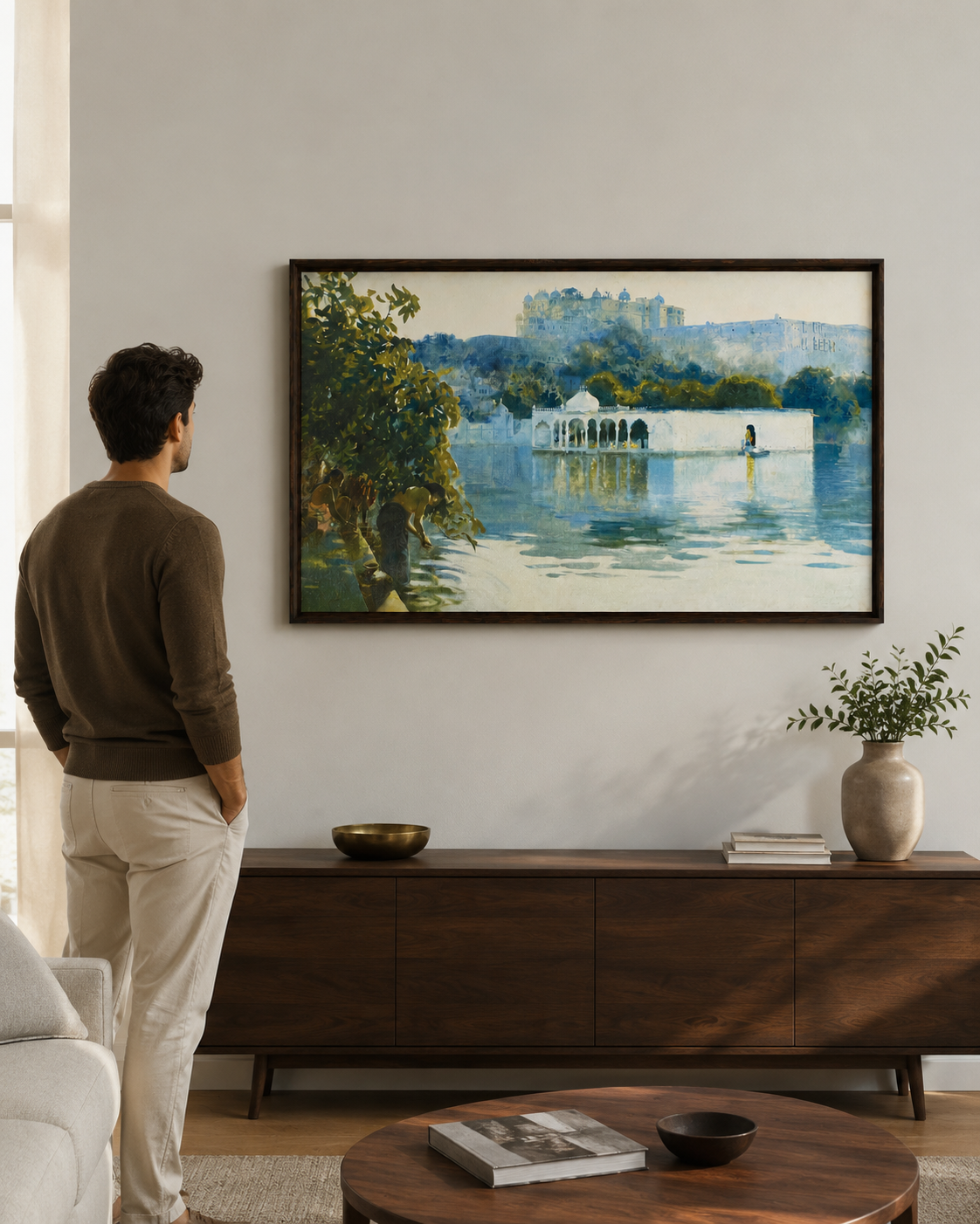 Oriental Art Print on Canvas-Teak Wood Thin-Profile Frame-48 x 28 In