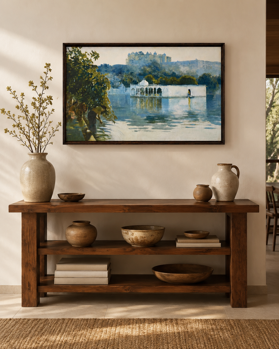 Oriental Art Print on Canvas-Teak Wood Thin-Profile Frame-48 x 28 In