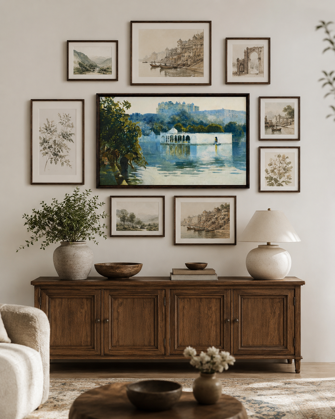 Oriental Art Print on Canvas-Teak Wood Thin-Profile Frame-48 x 28 In