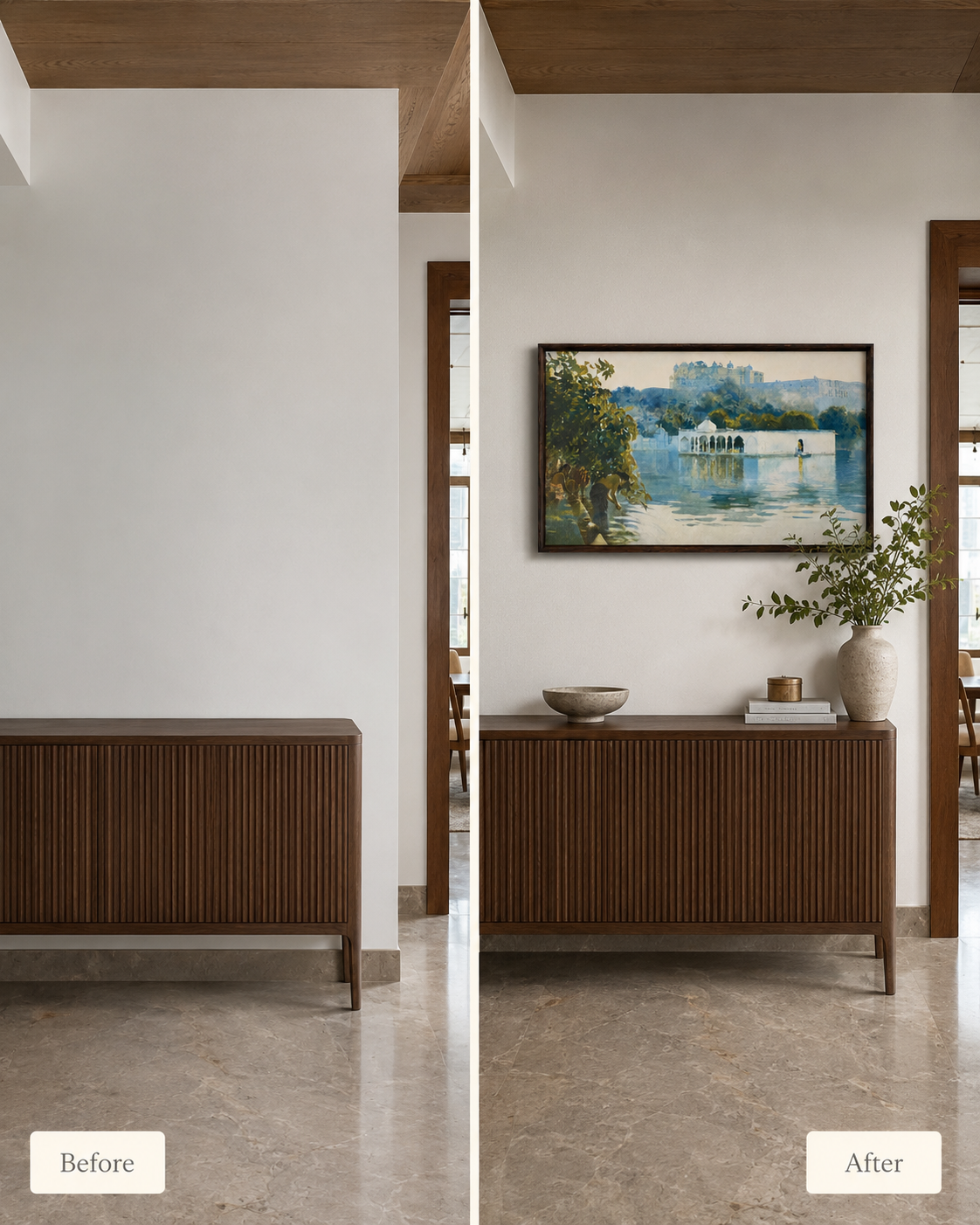 Oriental Art Print on Canvas-Teak Wood Thin-Profile Frame-48 x 28 In
