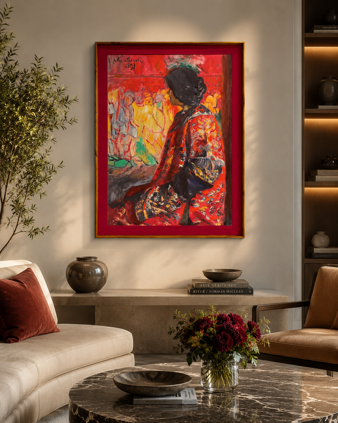 Figurative Oil Painting on Canvas Teak Wood Thin-Profile Frame w Red Fabric Mount 48 x 36 In