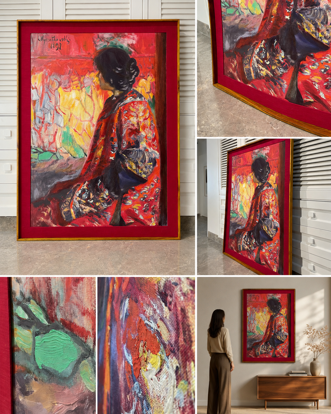Figurative Oil Painting on Canvas Teak Wood Thin-Profile Frame w Red Fabric Mount 48 x 36 In