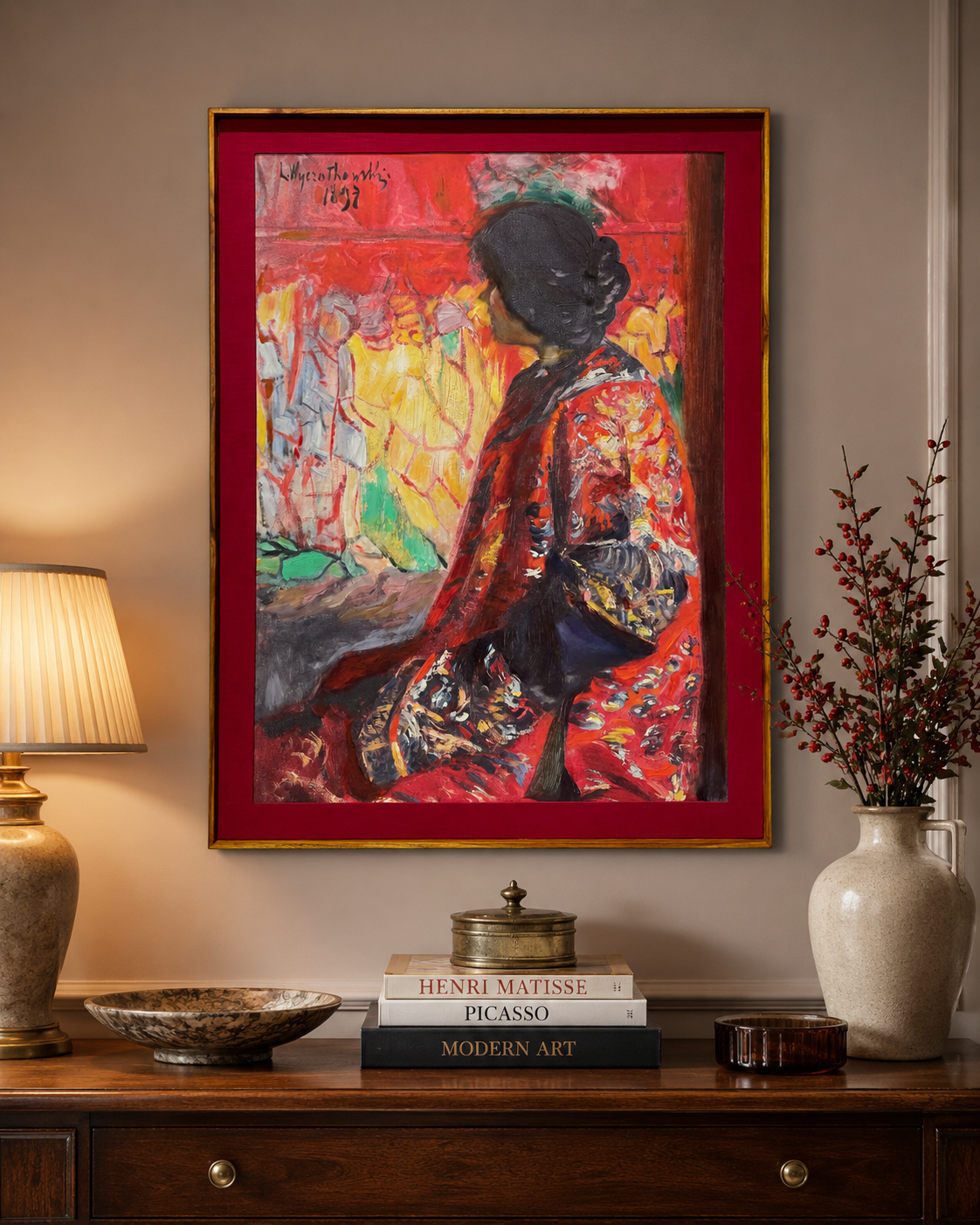 Figurative Oil Painting on Canvas Teak Wood Thin-Profile Frame w Red Fabric Mount 48 x 36 In