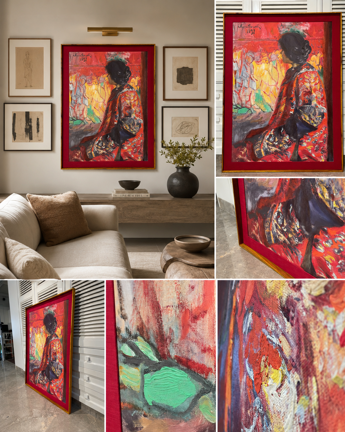 Figurative Oil Painting on Canvas Teak Wood Thin-Profile Frame w Red Fabric Mount 48 x 36 In