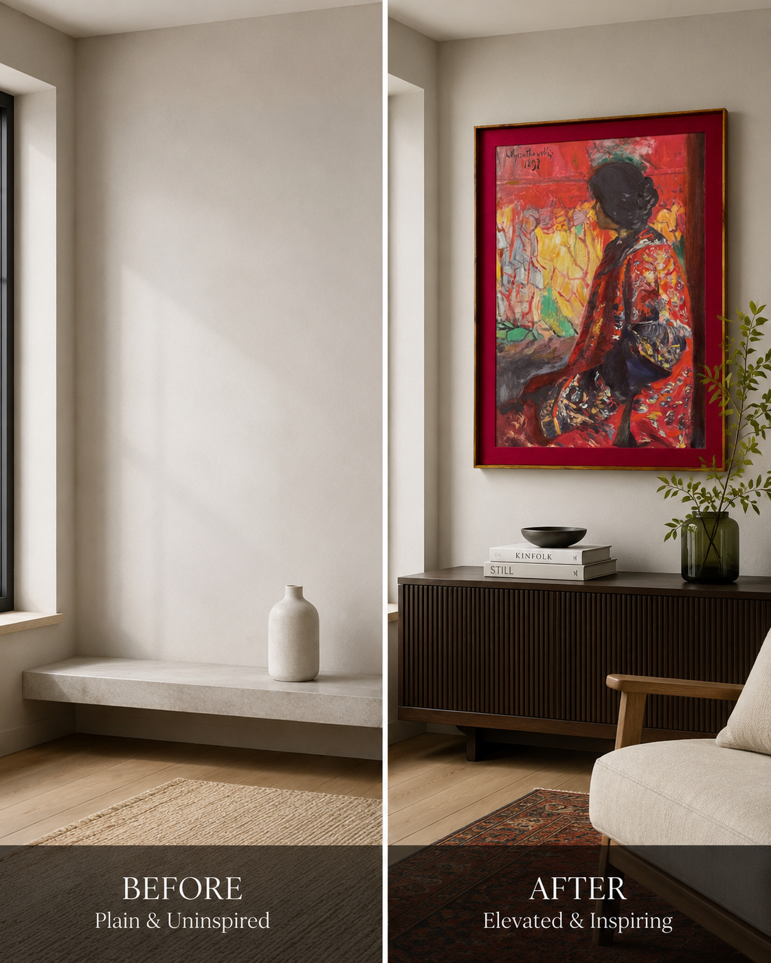 Figurative Oil Painting on Canvas Teak Wood Thin-Profile Frame w Red Fabric Mount 48 x 36 In