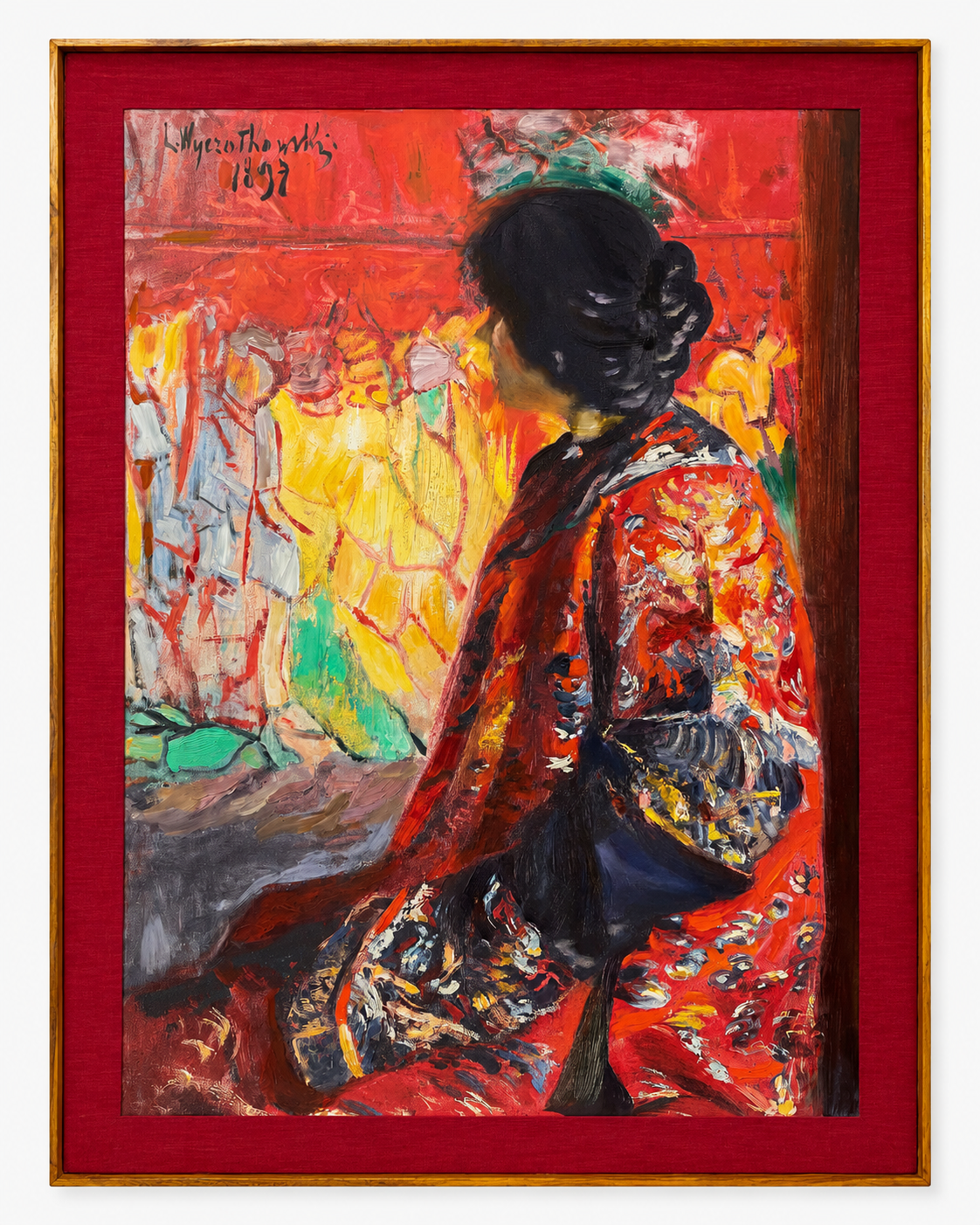 Figurative Oil Painting on Canvas Teak Wood Thin-Profile Frame w Red Fabric Mount 48 x 36 In