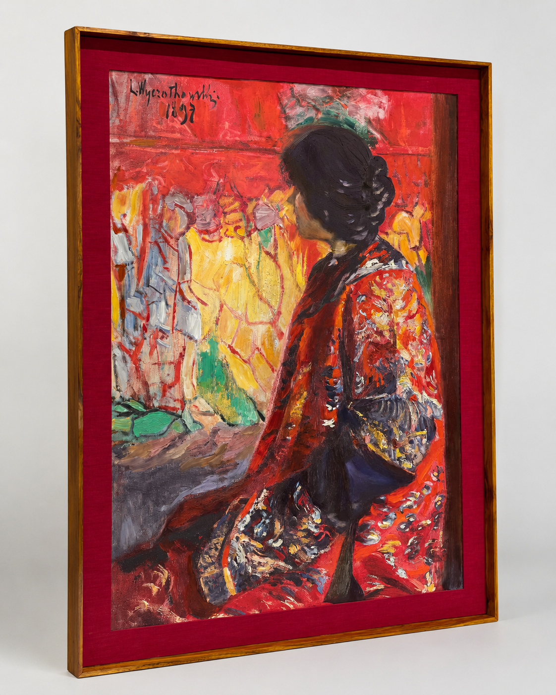 Figurative Oil Painting on Canvas Teak Wood Thin-Profile Frame w Red Fabric Mount 48 x 36 In