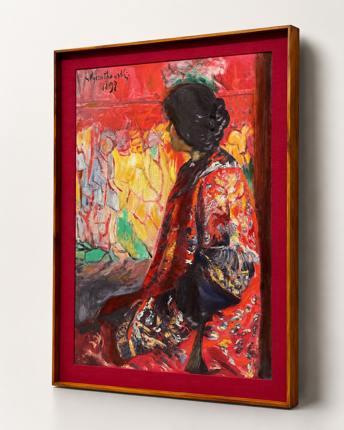 Figurative Oil Painting on Canvas Teak Wood Thin-Profile Frame w Red Fabric Mount 48 x 36 In
