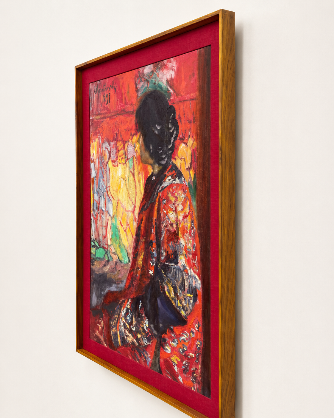 Figurative Oil Painting on Canvas Teak Wood Thin-Profile Frame w Red Fabric Mount 48 x 36 In