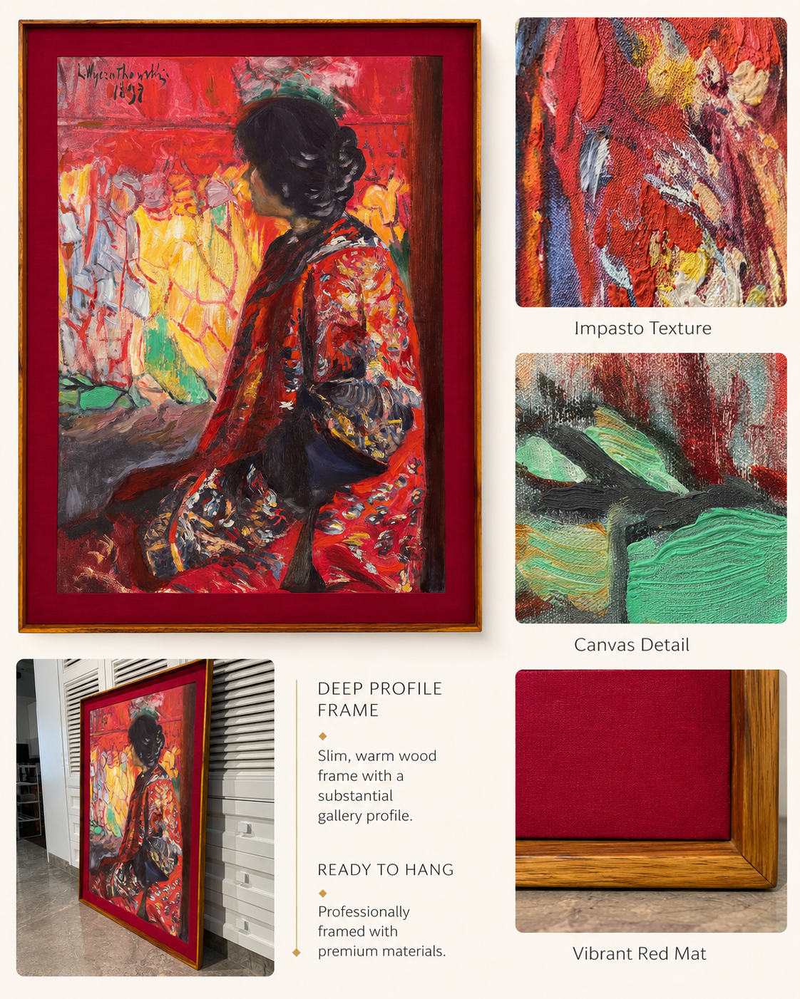Figurative Oil Painting on Canvas Teak Wood Thin-Profile Frame w Red Fabric Mount 48 x 36 In