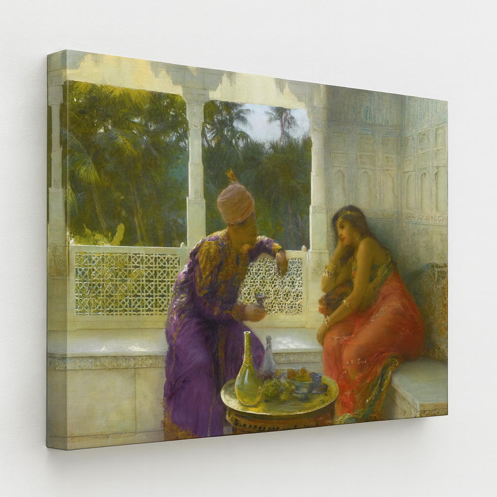 Figures in an interior with garden of palms beyond