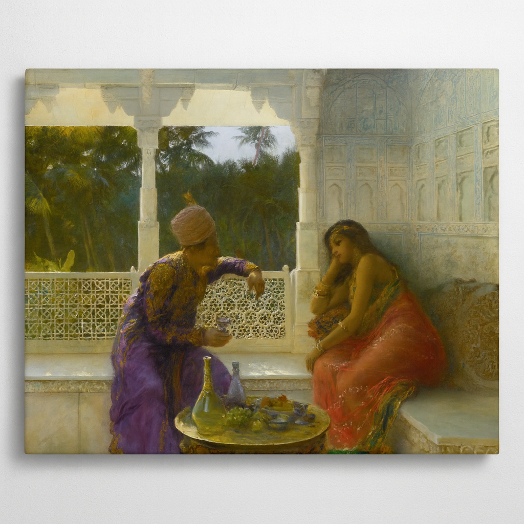 Figures in an interior with garden of palms beyond