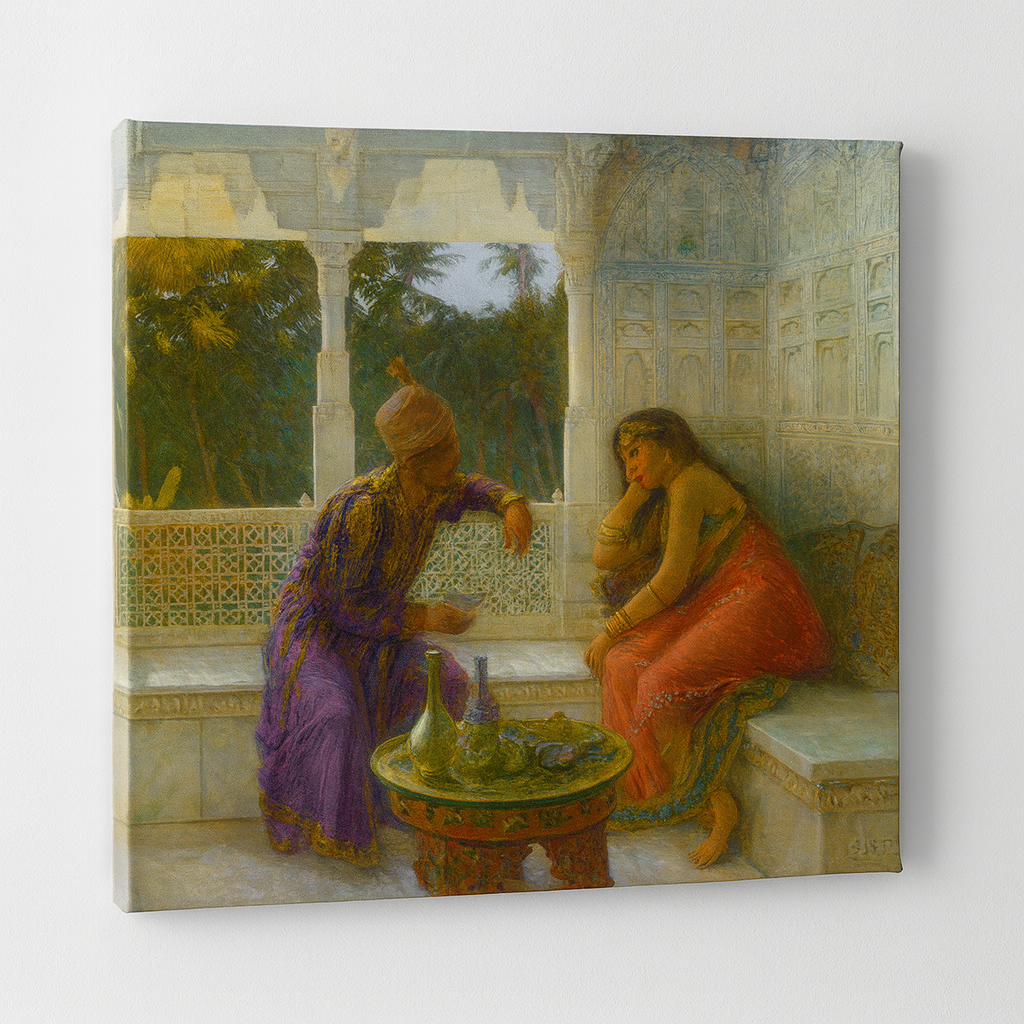 Figures in an interior with garden of palms beyond